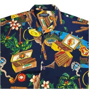 Koman Sport Hawaiian Shirt Men M Polyester Button Floral Cigar Tropical Colorful